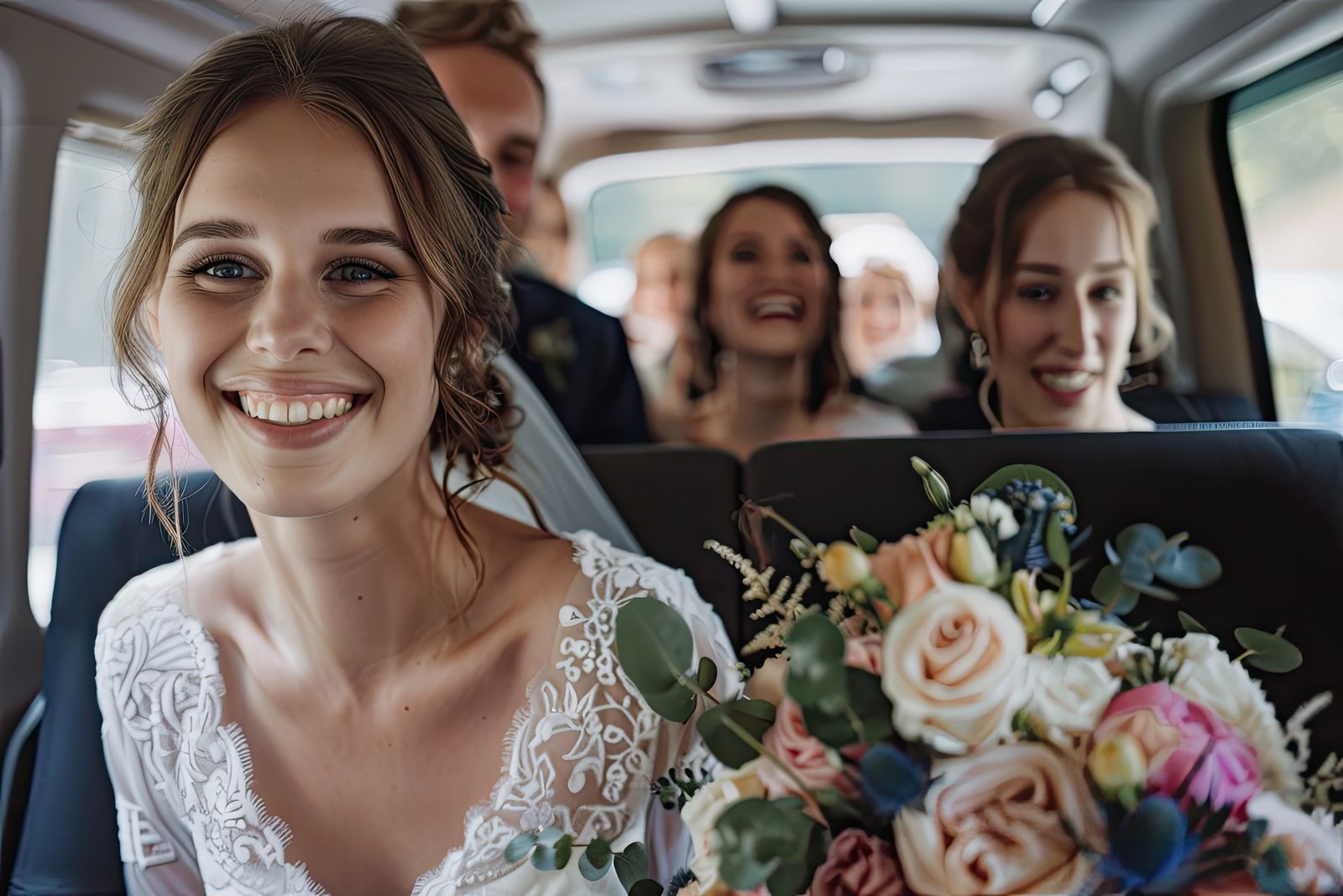 Mariés et invités à bord d’un minibus
