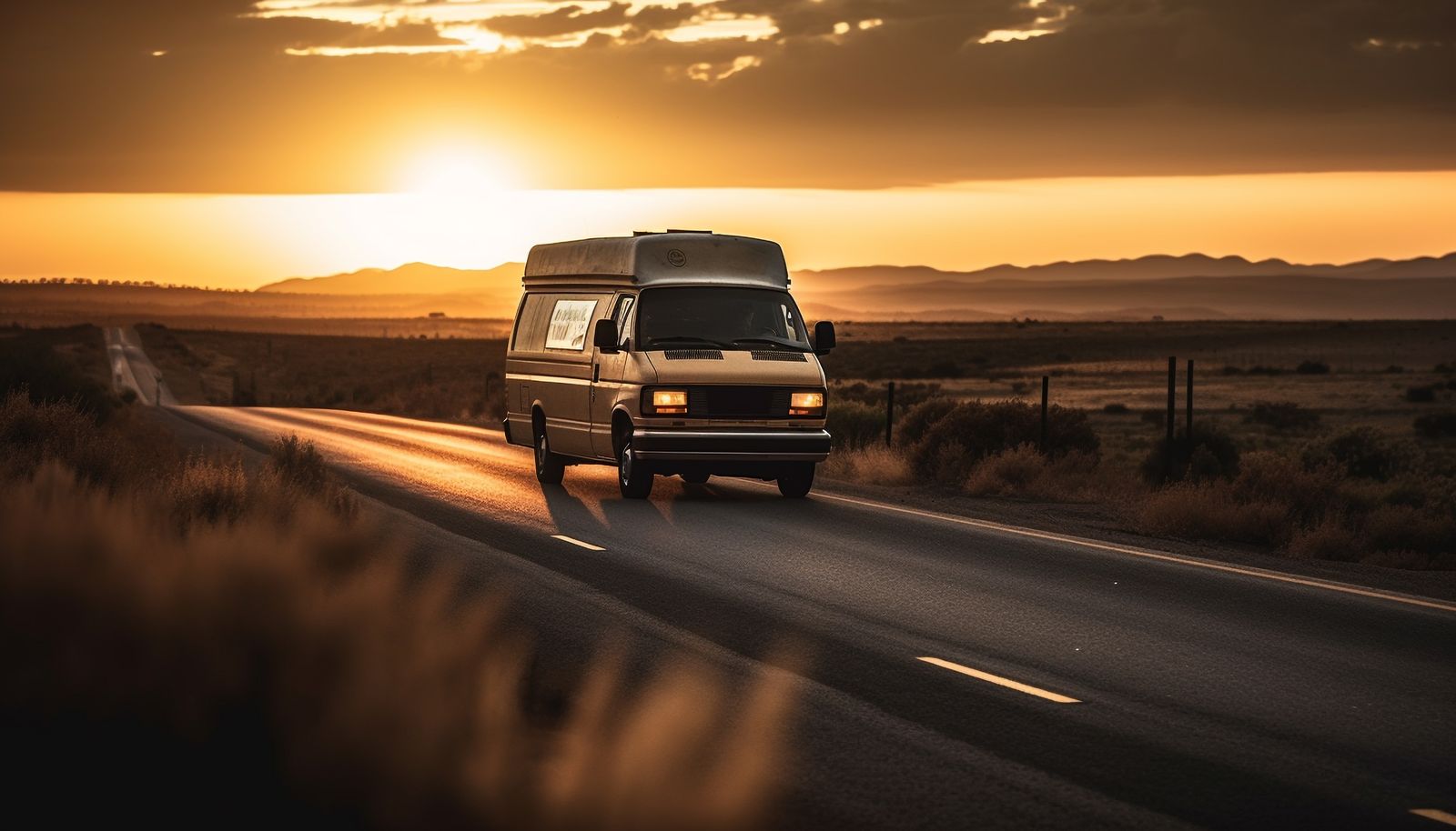 Minibus sur la route au coucher du soleil